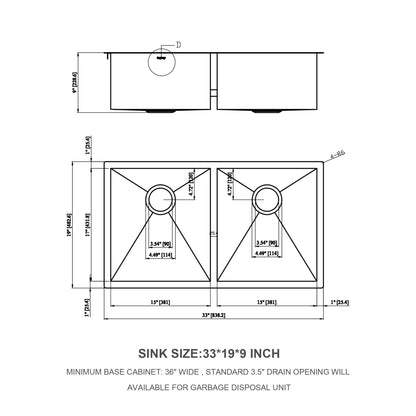 Undermount Double Bowl Kitchen Sink 16 Gauge With 9" Deep Basin - Brushed Nickel
