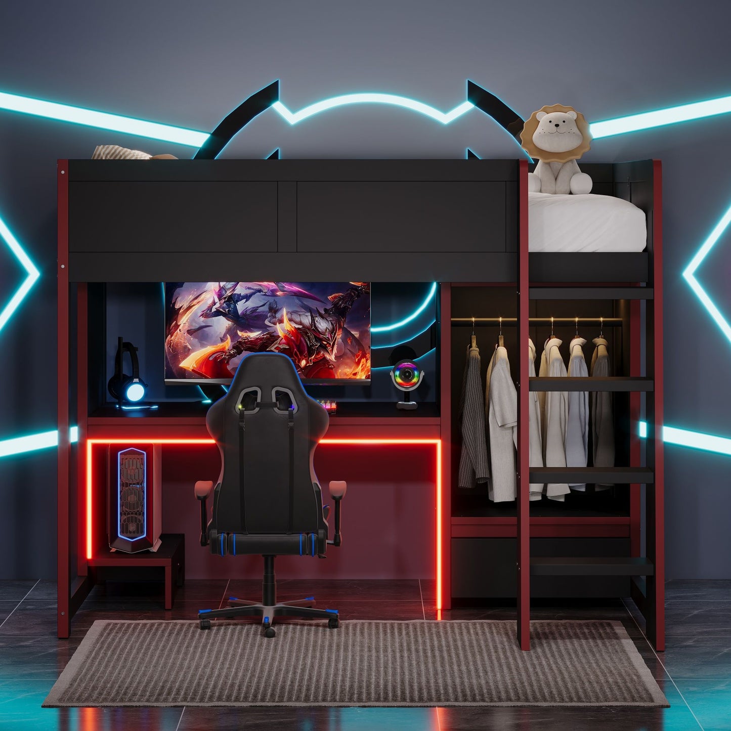 Gaming Loft Bed With Built In Desk, Wardrobe, LED Lighting And Drawer