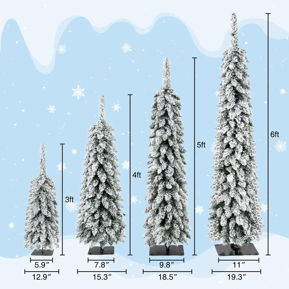 4 Pack Slim Pencil Christmas Trees With Snow Tips, Warm LED Lights, For Indoor Use - Green