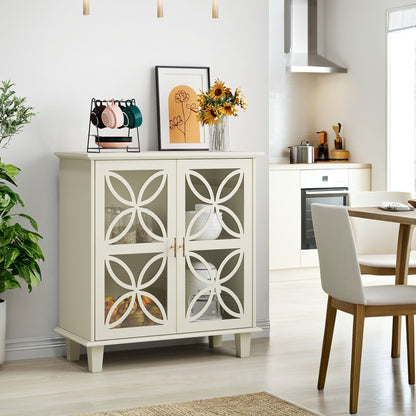 Modern Retro Sideboard Buffet Storage Cabinet With Adjustable Shelves And Tempered Glass Doors - Cream Color