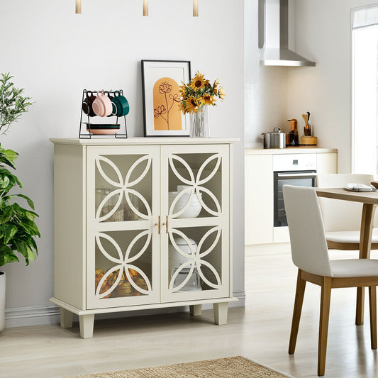 Modern Retro Sideboard Buffet Storage Cabinet With Adjustable Shelves And Tempered Glass Doors - Cream Color