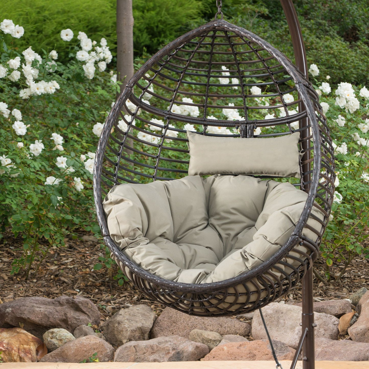 Hanging Basket Chair With Metal Frame And Seat Cushion