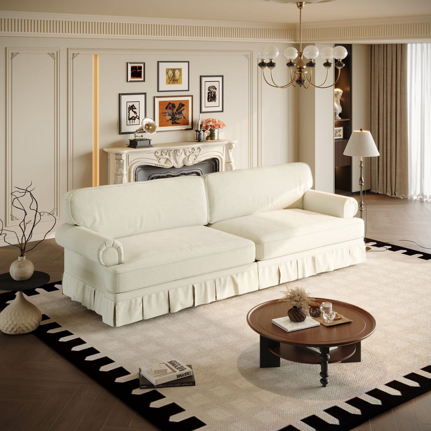 Luxuriously Comfortable Cloud Couch Sofa With Elegant Rolled Arms & Pleated Skirt Design