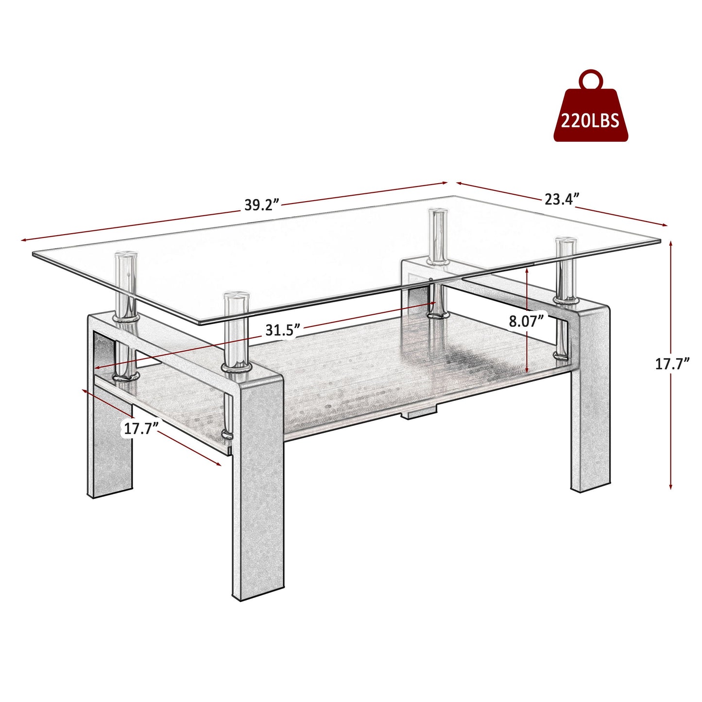 Modern Rectangular Coffee Table With Tempered Glass Top