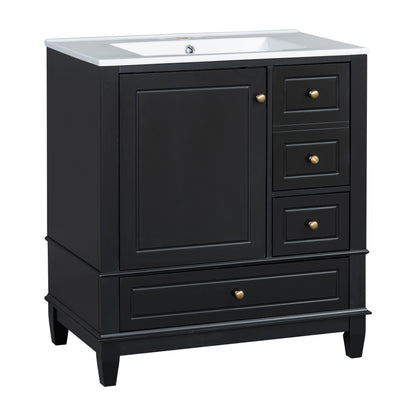 30" Bathroom Vanity With Sink, 1 Door With Shelf And 3 Drawers, Soft Close Door - Black