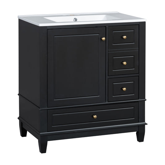 30" Bathroom Vanity With Sink, 1 Door With Shelf And 3 Drawers, Soft Close Door - Black
