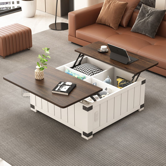 Farmhouse Style Lift Top Coffee Table With Storage And Charging Station - White Wood