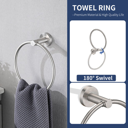 Bathroom Set 4 Pack With Towel Bar Racks, Toilet Paper Holder, Ring, Hook, Stainless Steel - Brushed Nickel