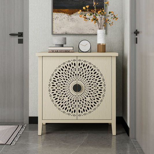 Hollow Carved 2 Door Accent Cabinet Sideboard Buffet Storage Cabinet With Adjustable Shelf For Entryway Living Room Bedroom - Natural