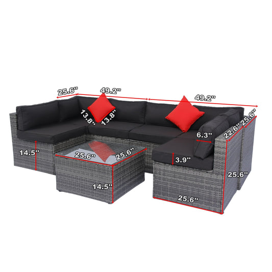 5 Pieces Rattan Sectional Outdoor Furniture Cushioned U Sof Set With 2 Pillow - Gray / Black