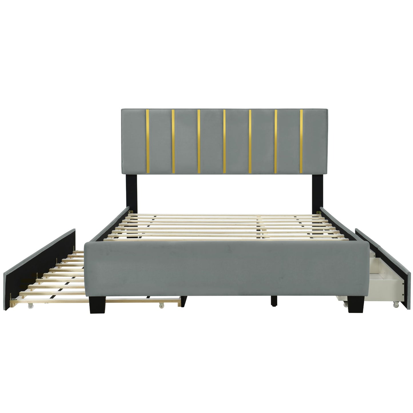 Upholstered Platform Bed With 2 Drawers And 1 Trundle, Classic Strip Headboard Design