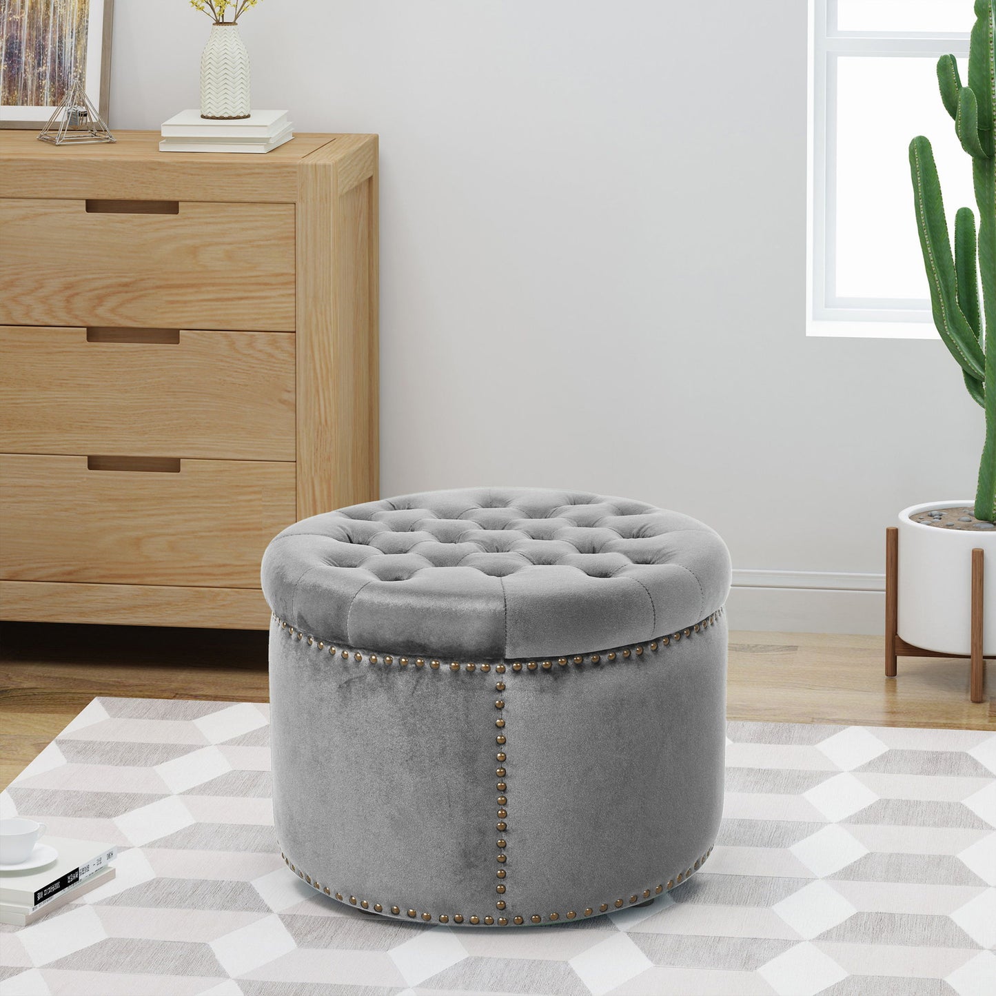 Elegant Round Ottoman Footstool With Studded Rim