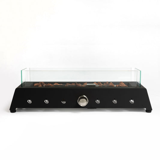 Tabletop, Propane Gas Fire Pit With Quick Connect Joint, Glass Wind Guard And Lava Rock, Outdoor, Portable - Black