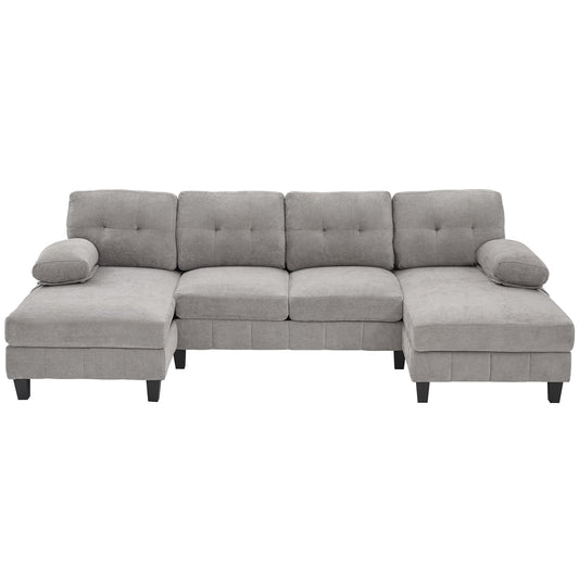 U-Shaped Sectional Sofa 103.5" Black Chenille Fabric Couch With Dual Chaise Lounges, Storage Pockets, Armrest Pillows