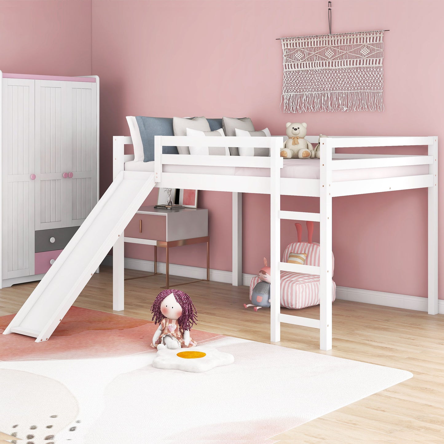 Full Loft Bed With Slide, Multifunctional Design - White