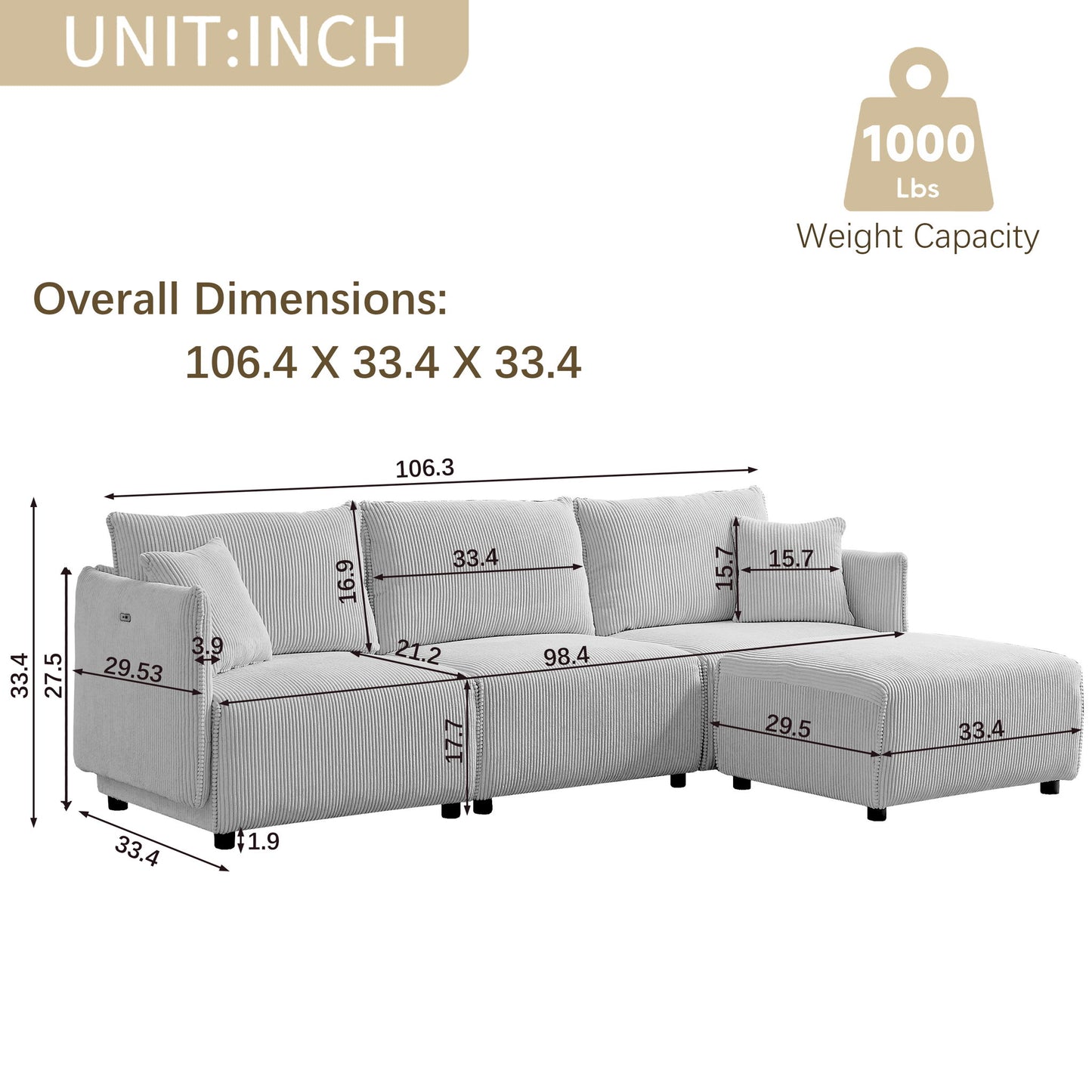 Modern Minimalist Corduroy Combination Sofa With 2 Comfort Cushions With USB & C Charging Ports