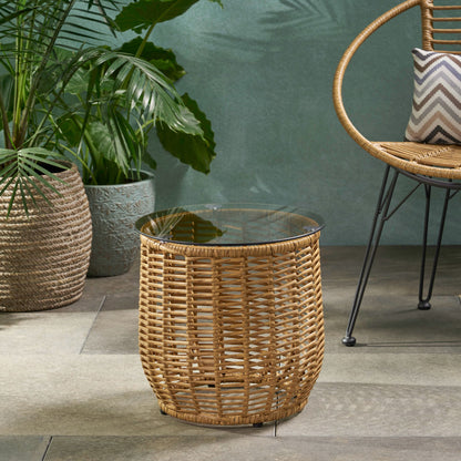 Boho Arias - Side Table With Tempered Glass Top And Rattan Wrap