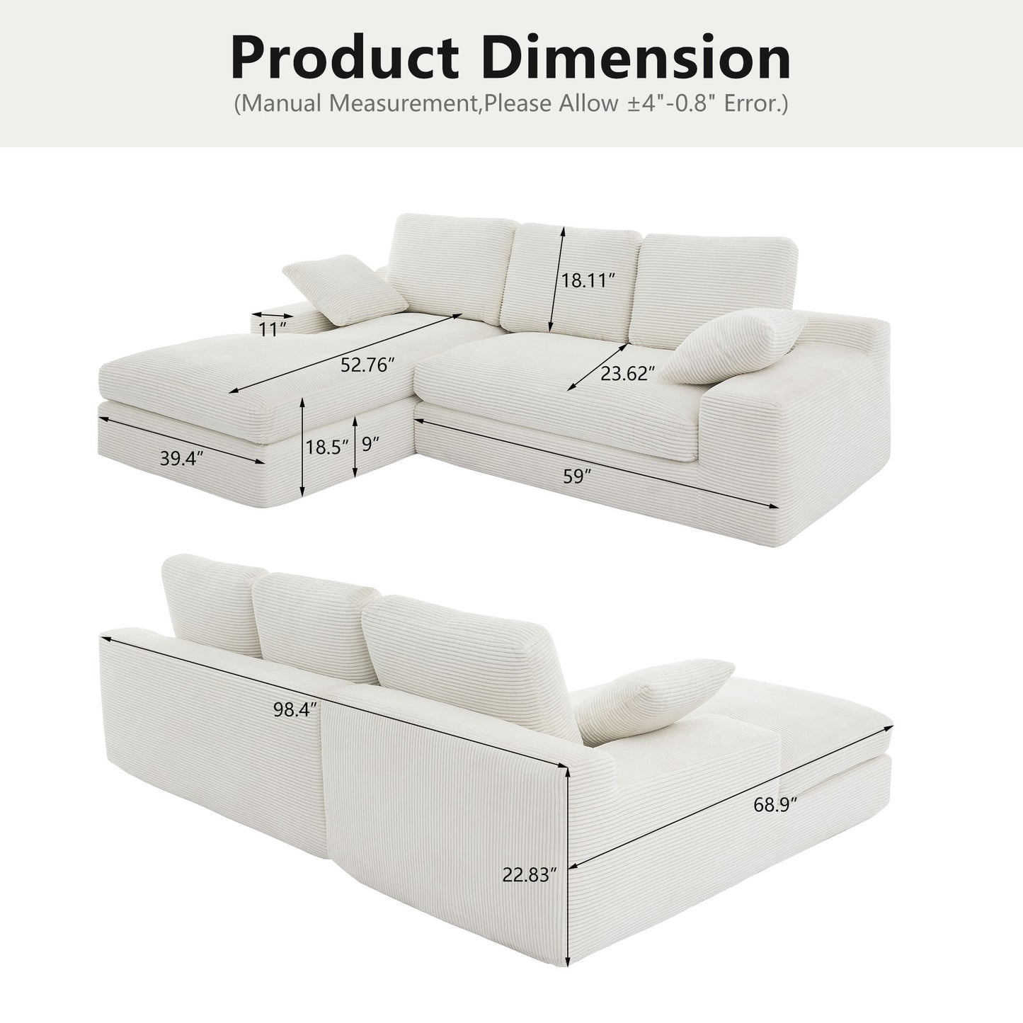 Compressed Sofa With 3 Back Cushions, 2 Throw Pillows
