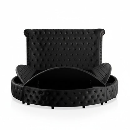 Glam Button Tufted Wingback Round Bed With Storage And USB Ports