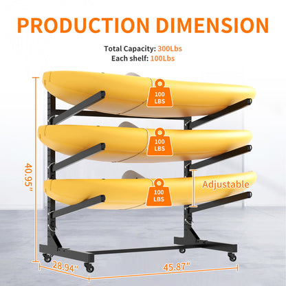Freestanding Kayak Storage Rack With Lockable Wheels For Kayak, Canoe, Sup & Surfboard