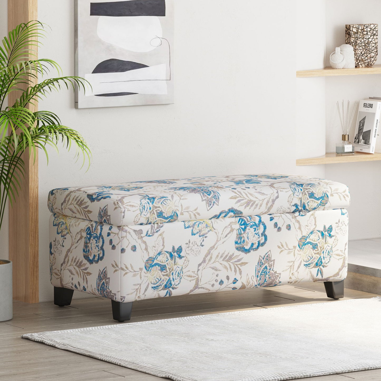 Luxury Storage Ottoman With Floral Patterned Fabric, Soft Close Hinges, Functional Footrest & Seat - Blue Flower / Blue Multi