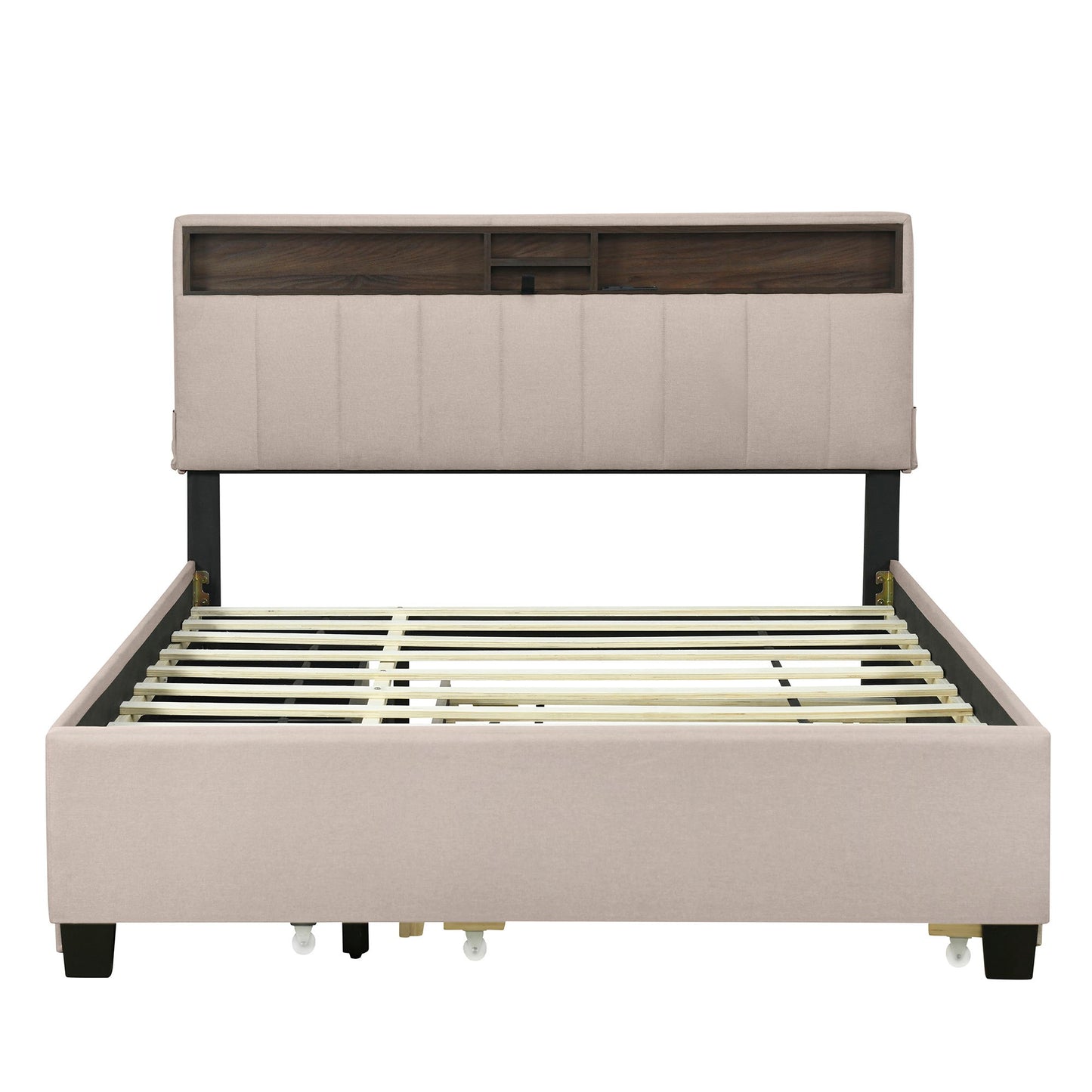 Upholstered Platform Bed With Storage Headboard, Trundle & 2 Drawers And A Set Of Sockets & USB Ports