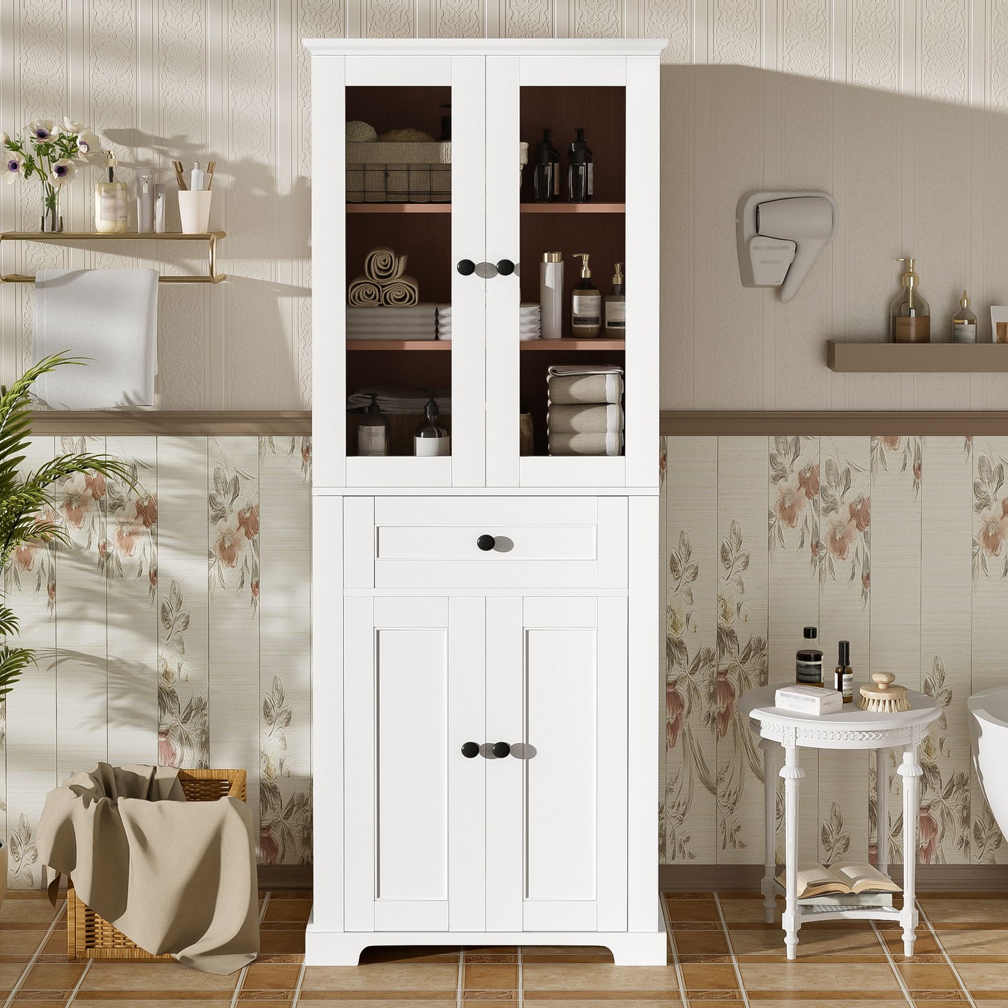Bathroom Storage Cabinet, Adjustable Shelves & Drawer, Freestanding Linen Tower