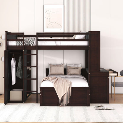 Loft Bed With A Twin Size Standalone Bed, Shelves, Desk, And Wardrobe