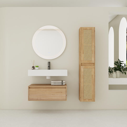 Modern Imitative Wall Mounted Bathroom Vanity With Resin Sink & 2 Side Cabinet, Soft Close Drawer - Imitative Oak