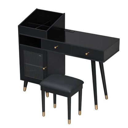 Modern Makeup Vanity Desk With Drawers Cabinet & Charging Port Engineered Wood Space Saving Design For Small Places - Black