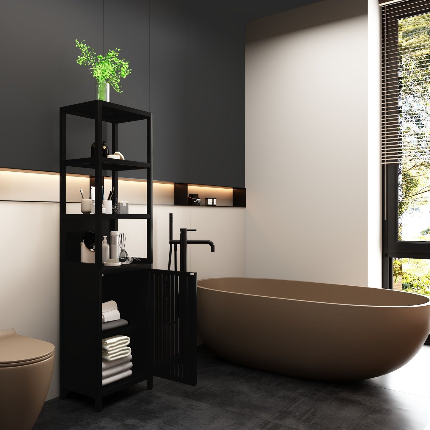 Storage Cabinet With Tall Linen Tower, Multifunctional For Bathroom