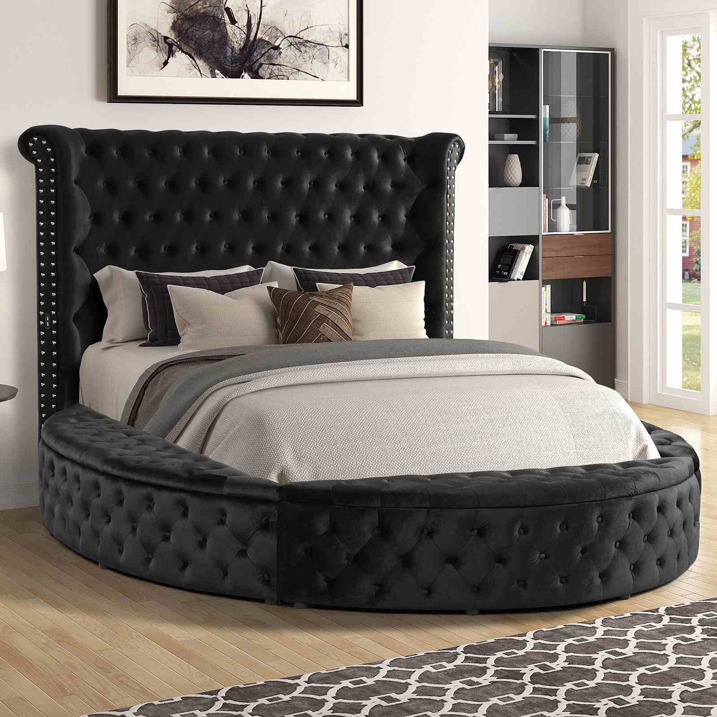 Glam Button Tufted Wingback Round Bed With Storage And USB Ports