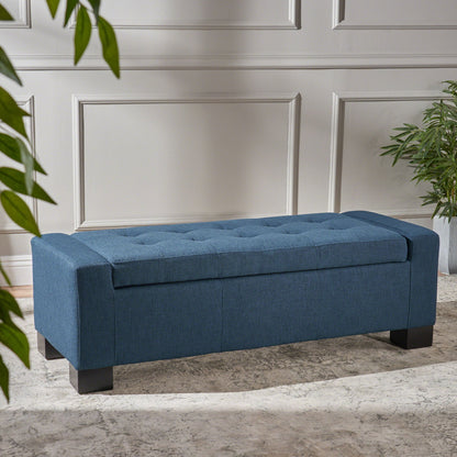 Empower - Button Tufted Waffle Upholstered Storage Ottoman With Wood Legs - Navy Blue