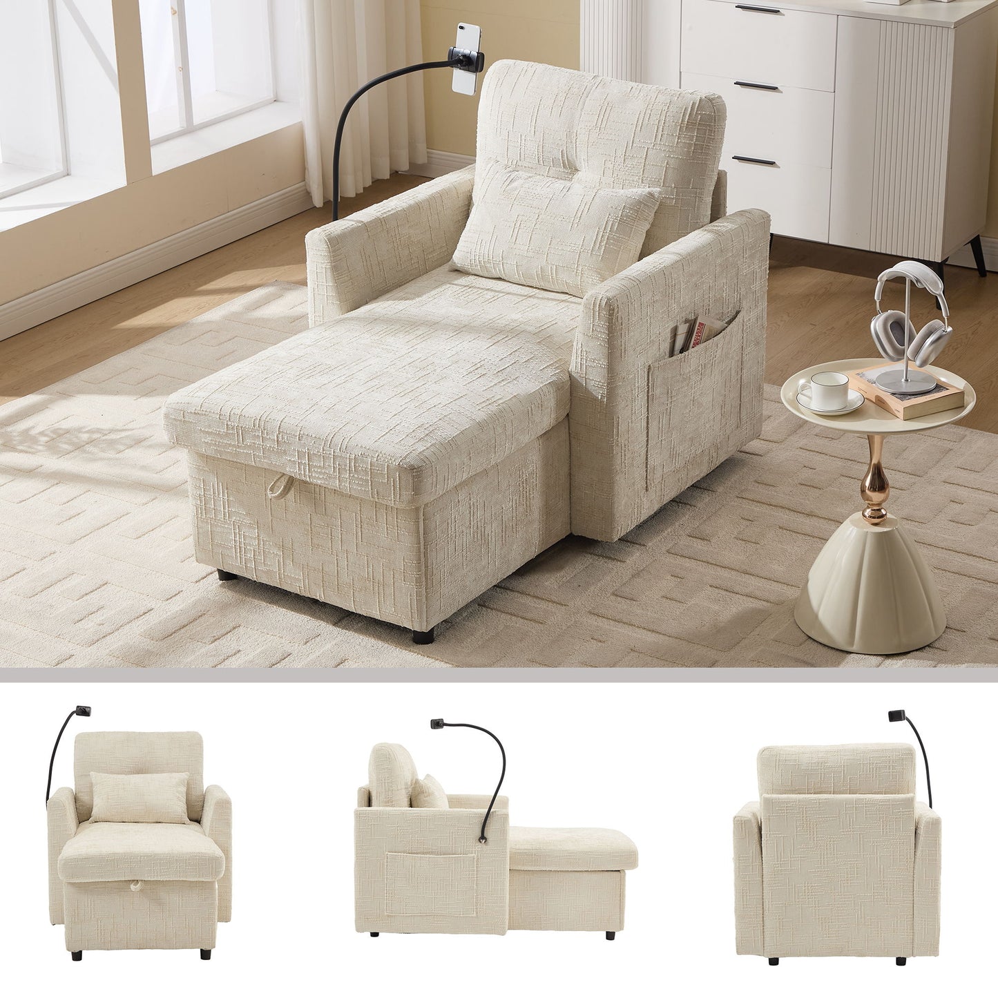 Multifunctional Chenille Recliner Sofa With Storage And Phone Bracket