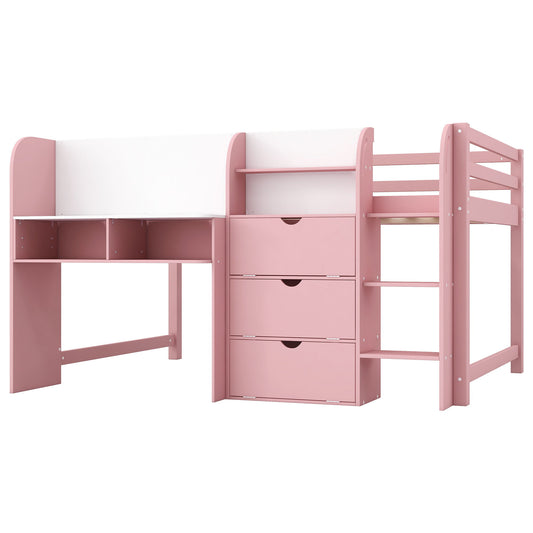 Low Loft Bed With Built In Desk, Storage Cabinets, Open Bookcase And Doodle Blackboard