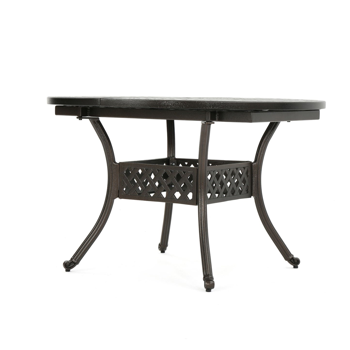 Outdoor Expandable Aluminum Dining Table With Latticework Details And Curvy Legs