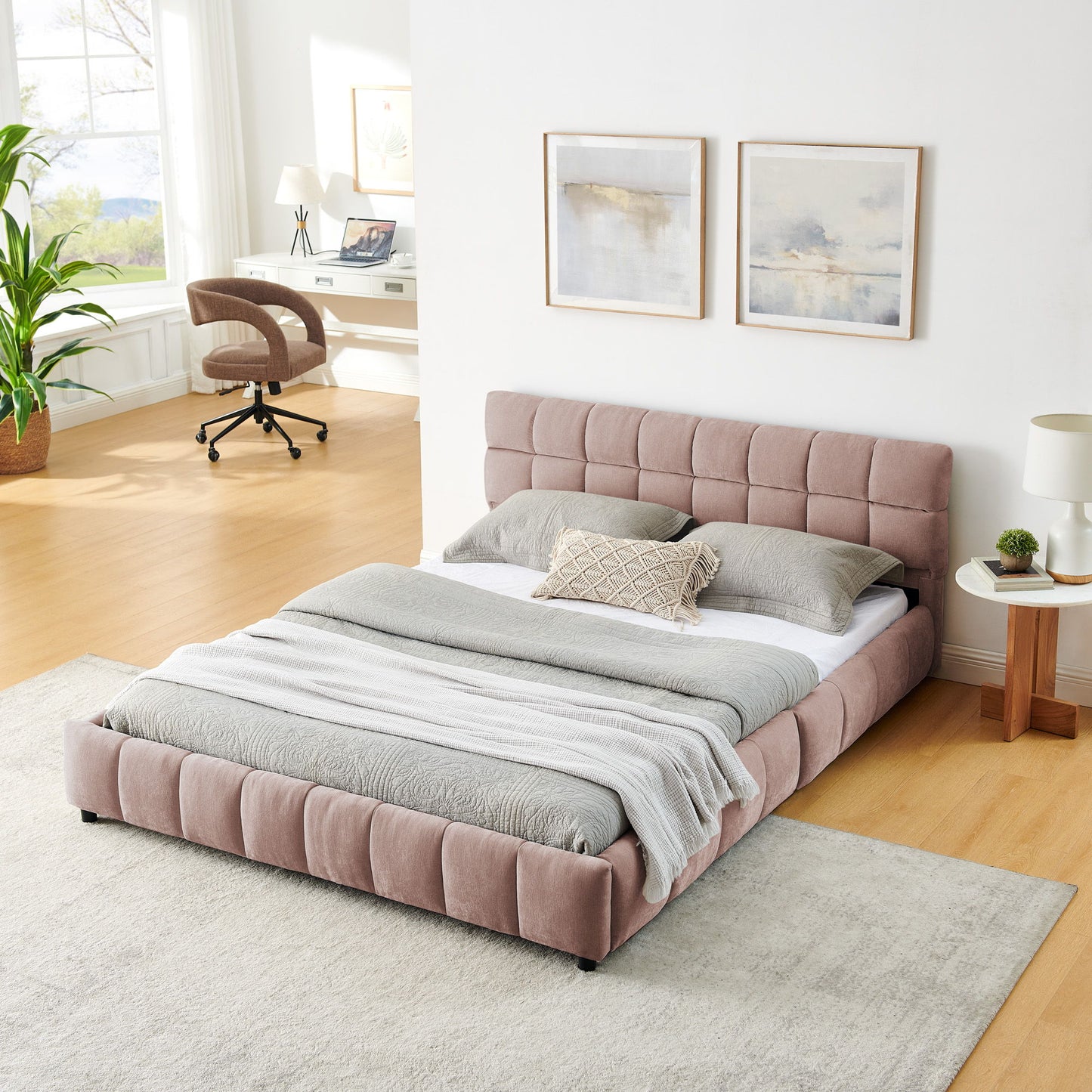 Modern Platform Bed Frame With Thick Chenille Fabric