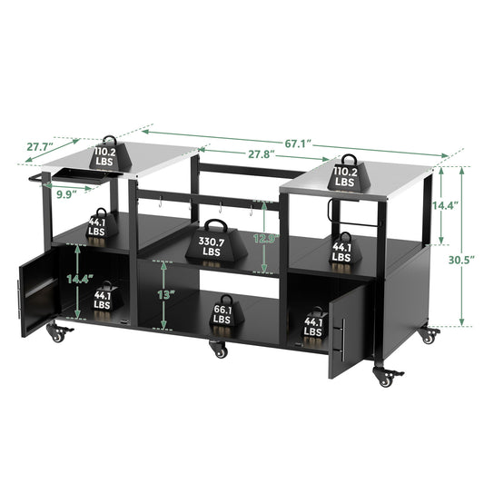 Outdoor Grill Table For Big Egg Style Bbq With Metal Grill Cart And Storage Box And Metal And Stainless Steel - Black / Silver