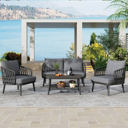 4 Piece Outdoor Patio Furniture Set, Metal Chairs With Woven Rope U Shaped Backrest