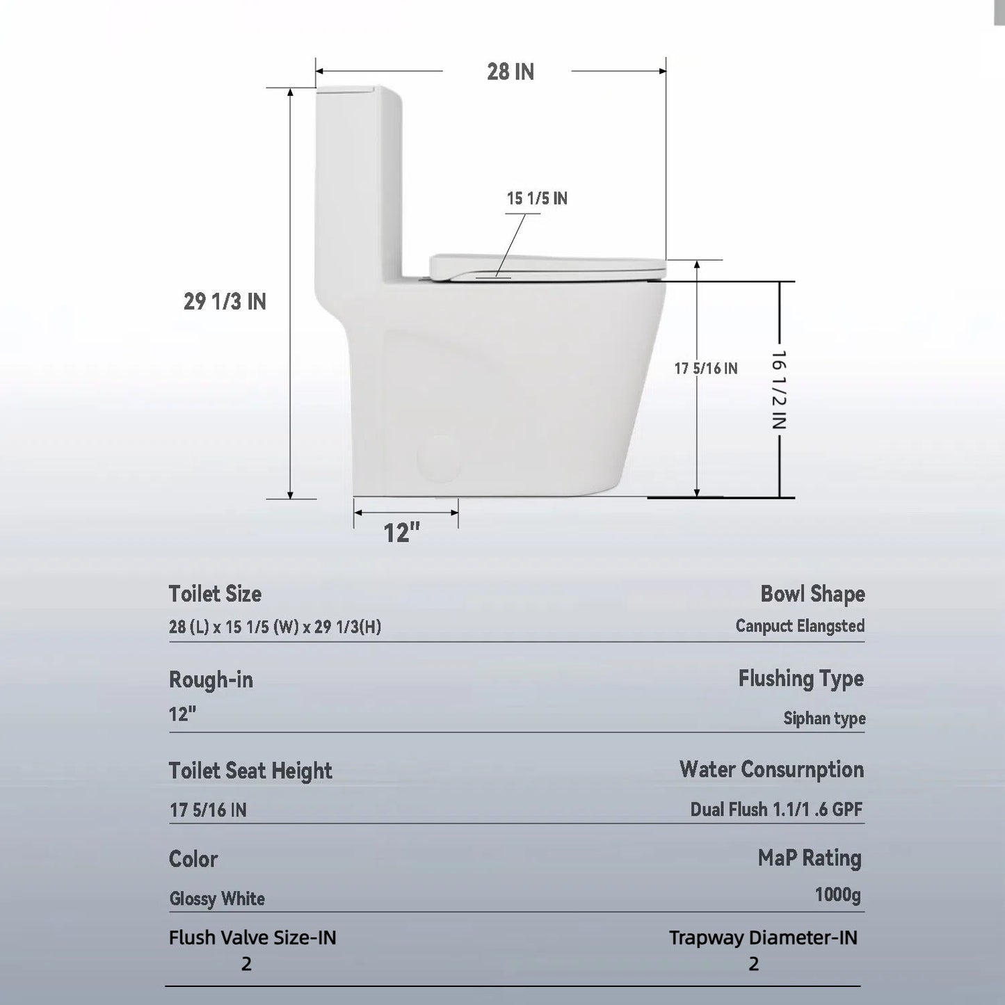 Glossy Tornado Flush 1 Piece Toilet With Dual Flush, Soft Close Seat - Gloss White