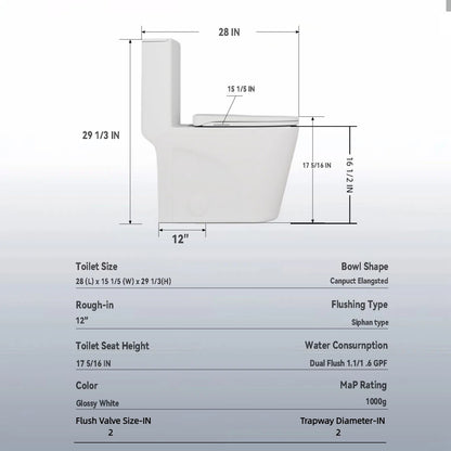 Glossy Tornado Flush 1 Piece Toilet With Dual Flush, Soft Close Seat - Gloss White
