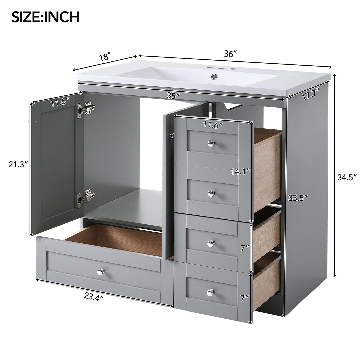 Shaker Free Standing Bathroom Vanity Cabinet With Sink, Soft Close Drawers, Soft Close Doors