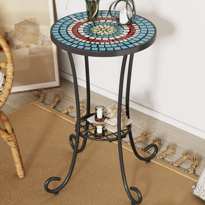 Ceramic Tile And Iron Patio Side Table With Shelf