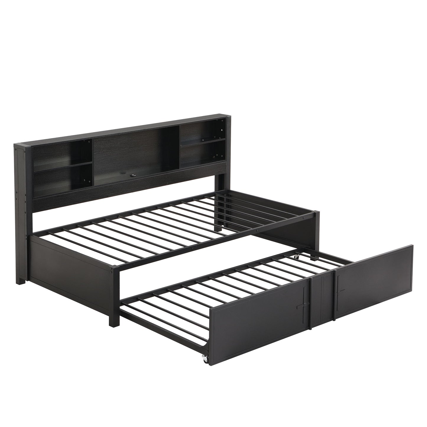 Industrial Metal Daybed With Trundle, Storage Shelves, USB Ports