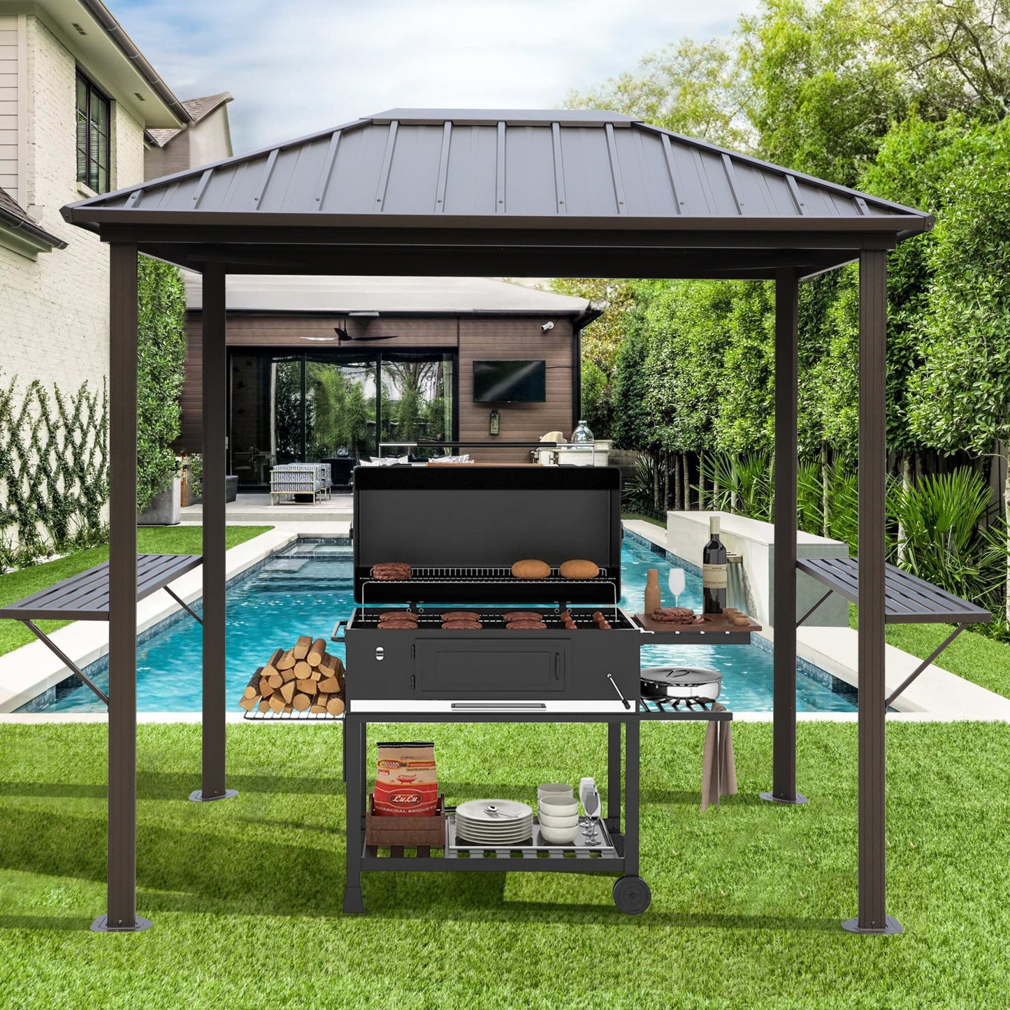 Grill Hardtop Gazebo Outdoor Metal Hard Top Gazebo, Permanent Bbq Gazebo With Galvanized Steel, Aluminum Framed Pavilion With Shelves - Dark Brown