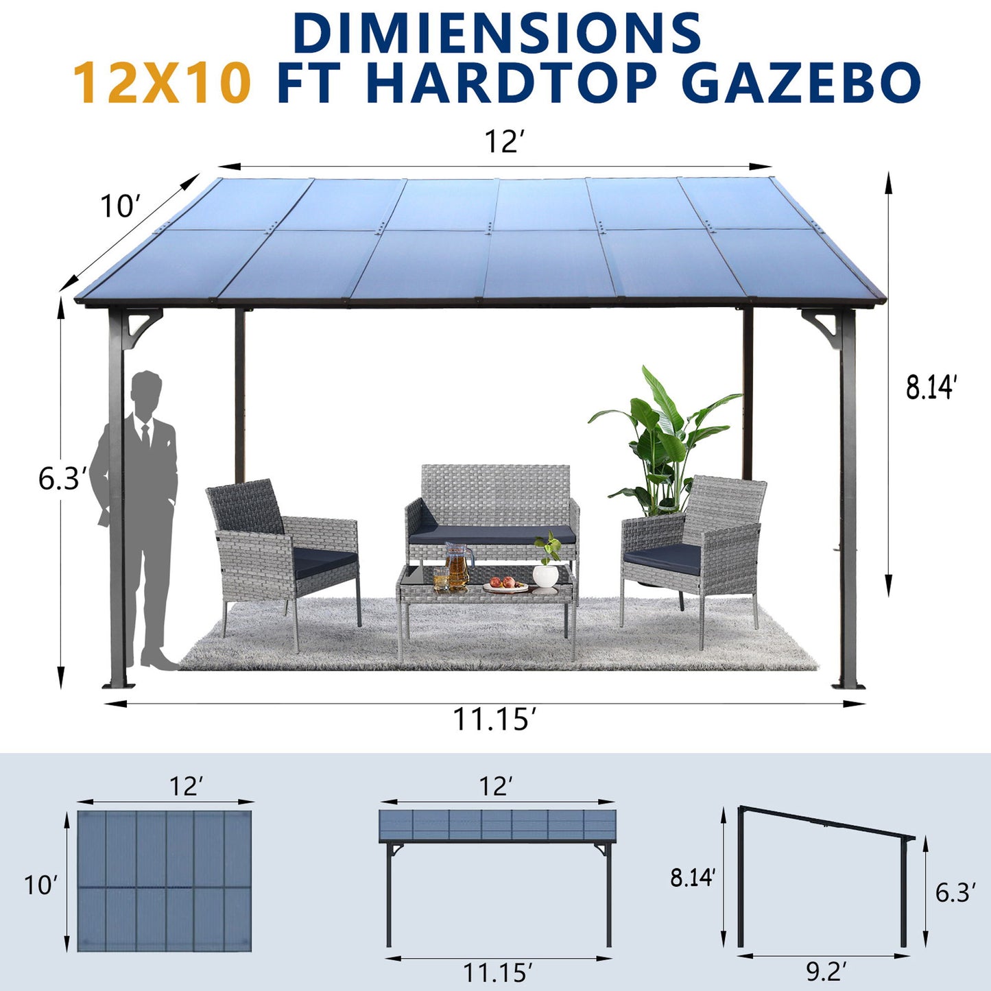 Wall Mounted Outdoor Pergola Gazebo, Heavy Duty Metal Awning With Roof