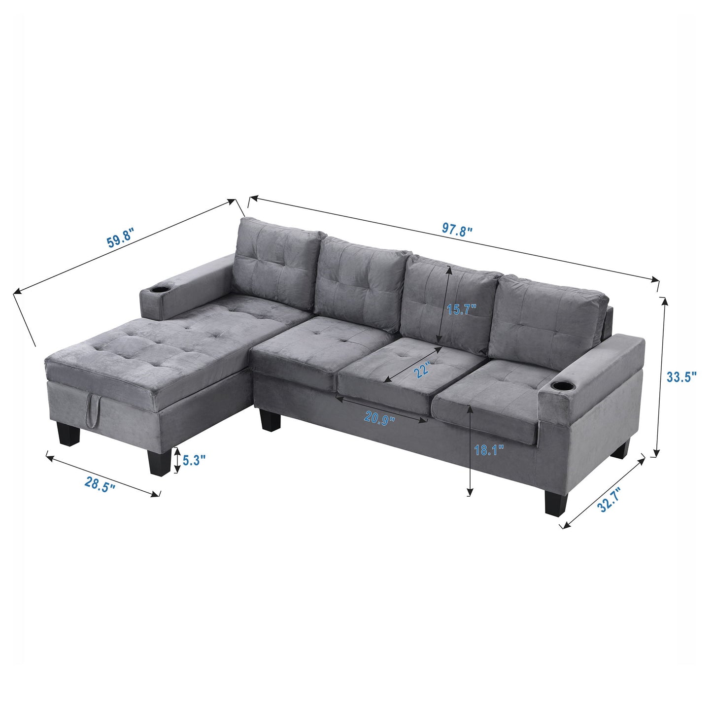 Modern Sectional Sofa Set With L Shape Chaise Lounge And Storage