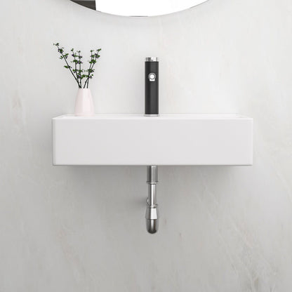 Modern Ceramic Rectangular Wall Mounted Bathroom Sink With Faucet Hole & Overflow