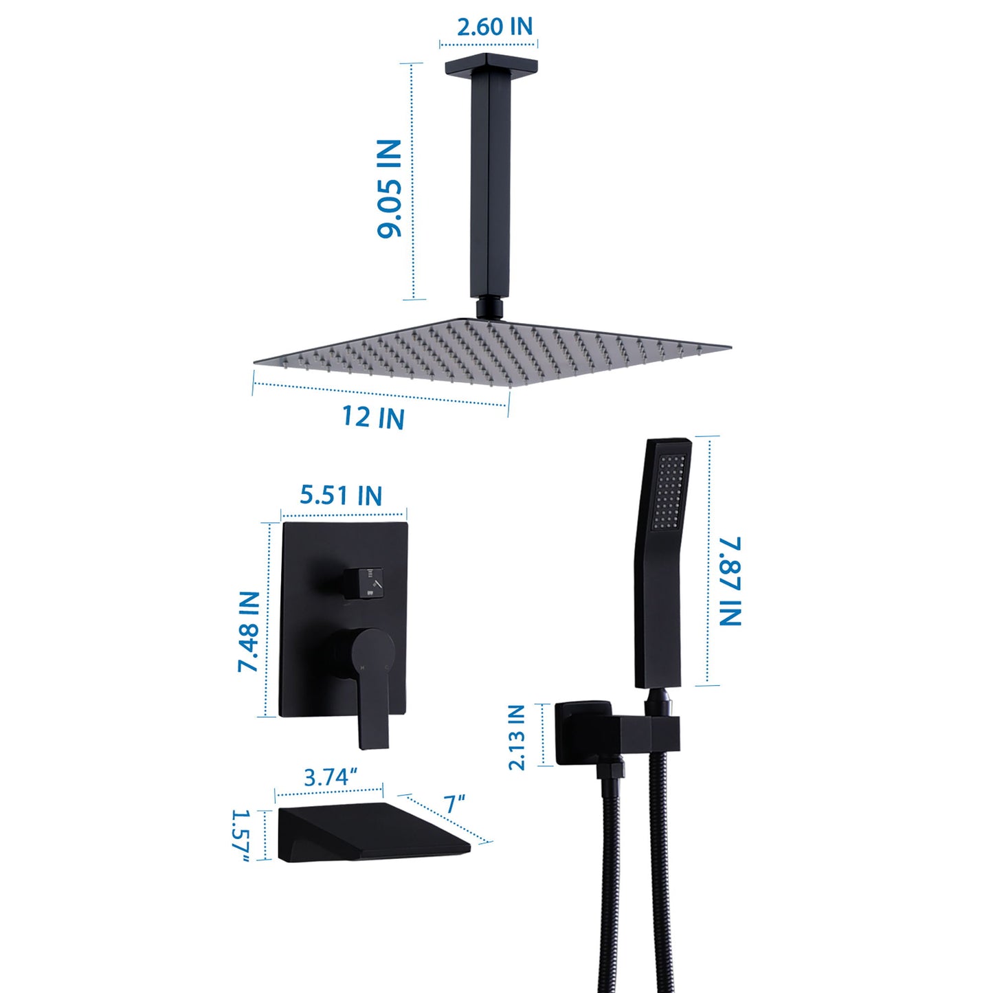 Contemporary Shower System With 12" Rainfall Head And Handheld Spray, Wall Mounted