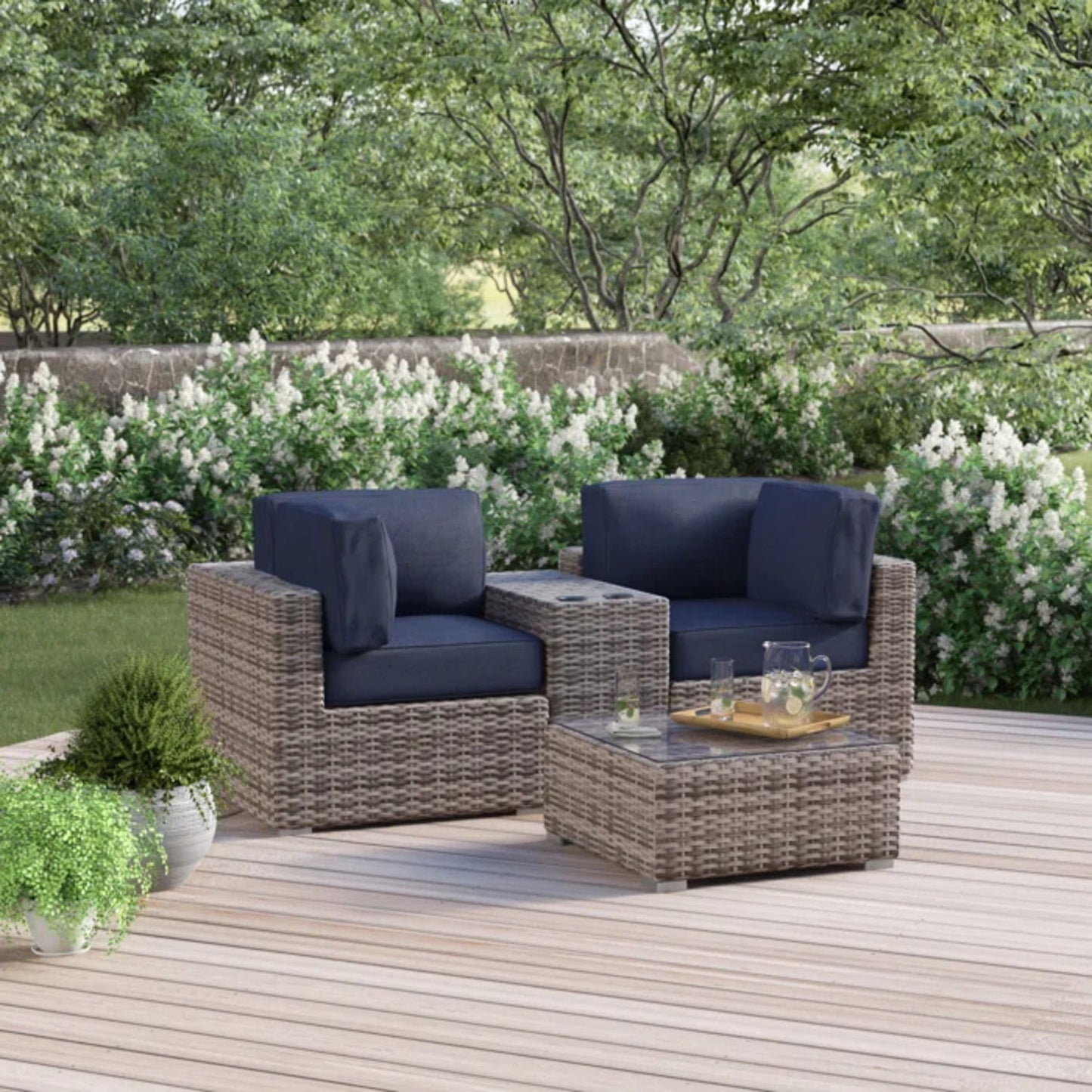 Wicker Seating Group Set With Table And Cushions